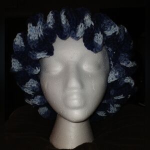 NWT Handcrafted Multi-Colored Blue and White Child Size Crochet Ruffle Hat.